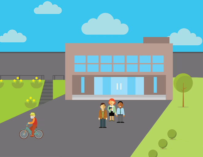 vector graphic of local health department staff standing outside of a building