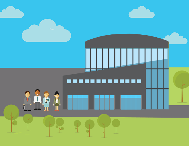 vector graphic of government staff standing outside of a government building