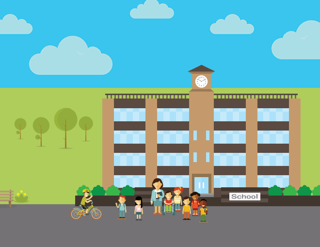 vector graphic of a teach with her students standing in front of a school building