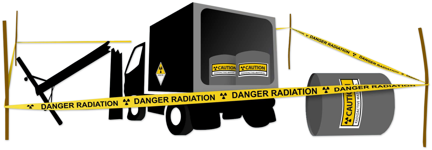 Vector graphic of a truck transporting radioactive material in an accident. There are yellow caution tapes around it.