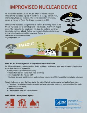 Infographic describing what an improvised nuclear device or I.N.D. is, what its main dangers are, and what you can do to protect yourself.  Provided by the Centers for Disease Control and Prevention.