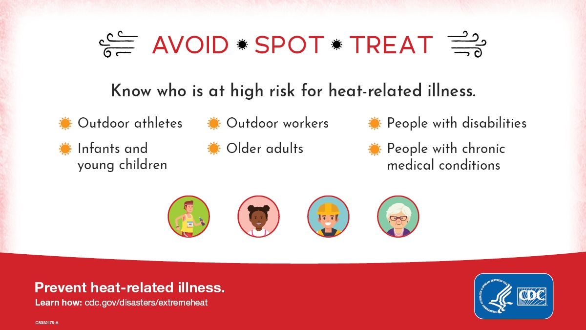 Know who is at high risk for heat-related illness. Outdoor athletes, outdoor workers, people with disabilities, infants and young children, older adults and people with chronic medical conditions.