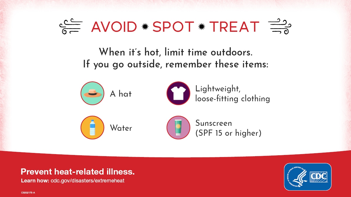 When it's hot, limit time outdoors. If you go outside, remember these items: a hat, lightweight, loose-fitting clothing, water and sunscreen SPF 15 or higher.