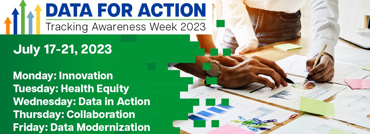 Data For Action - Tracking Awareness Week 2023 & list of daily topics; Photo of person using laptop computer.