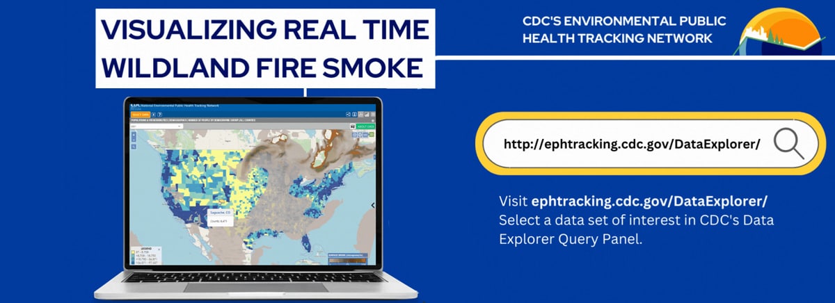 Laptop computer with US map and smoke layer. Text: Visualizing Real-time Wildland Fire Smoke Tool