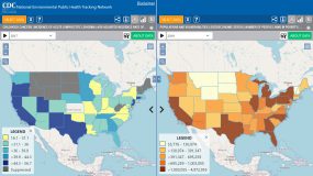 Side-by-side US maps displaying children's environmental health data on the Tracking Network's Data Explorer tool
