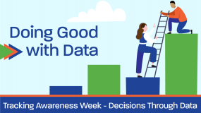 Man with ladder helping woman climb up data bar chart with text: Doing Good with Data