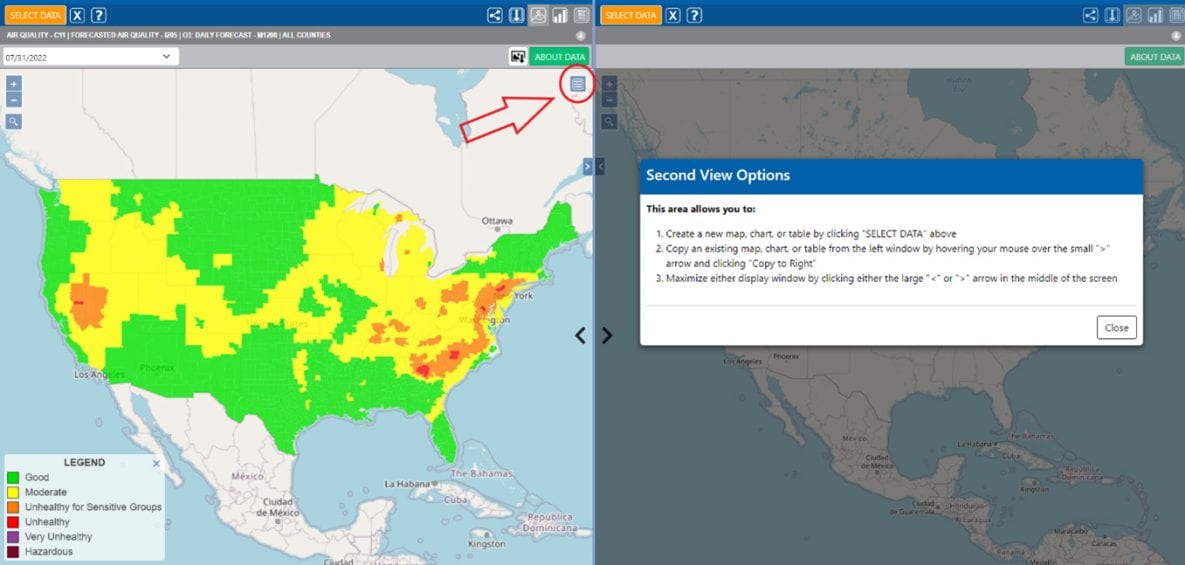CDC Tracking Network Data Explorer Tool's map view with "map menu" icon circled in red