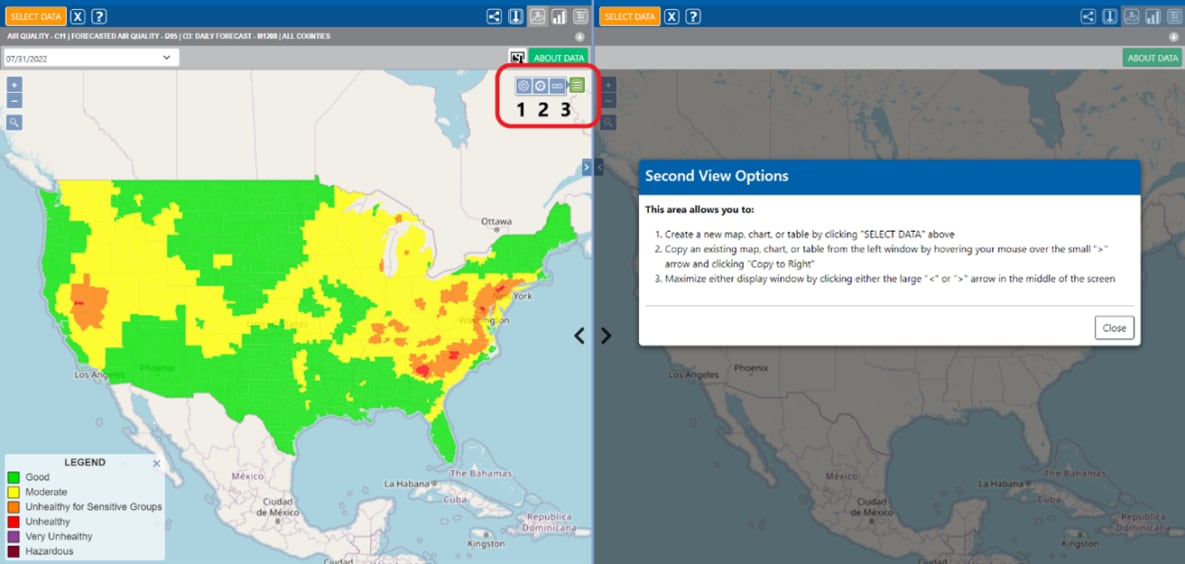 CDC Tracking Network's Data Explorer Tool map view with red circle around three map option icons
