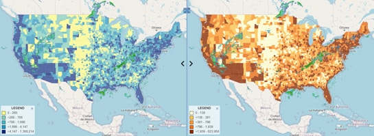 CDC Tracking Network's Data Explorer Tool map view with two U.S. maps side-by-side with green radar overlay