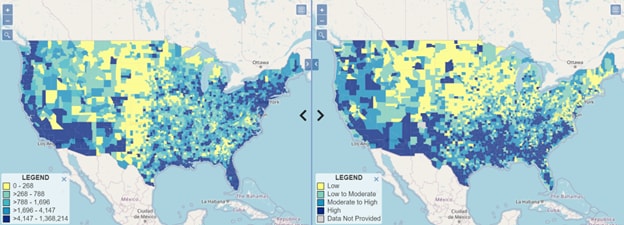 CDC Tracking Network's Data Explorer Tool map view with two U.S. maps and social vulnerability tool in use