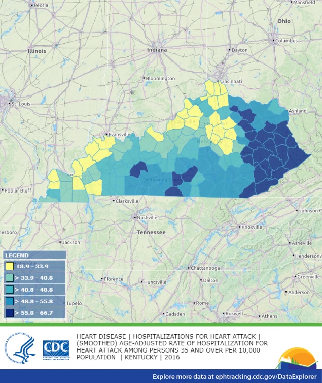 Data map of heart disease in kentucy for graphics purposes.