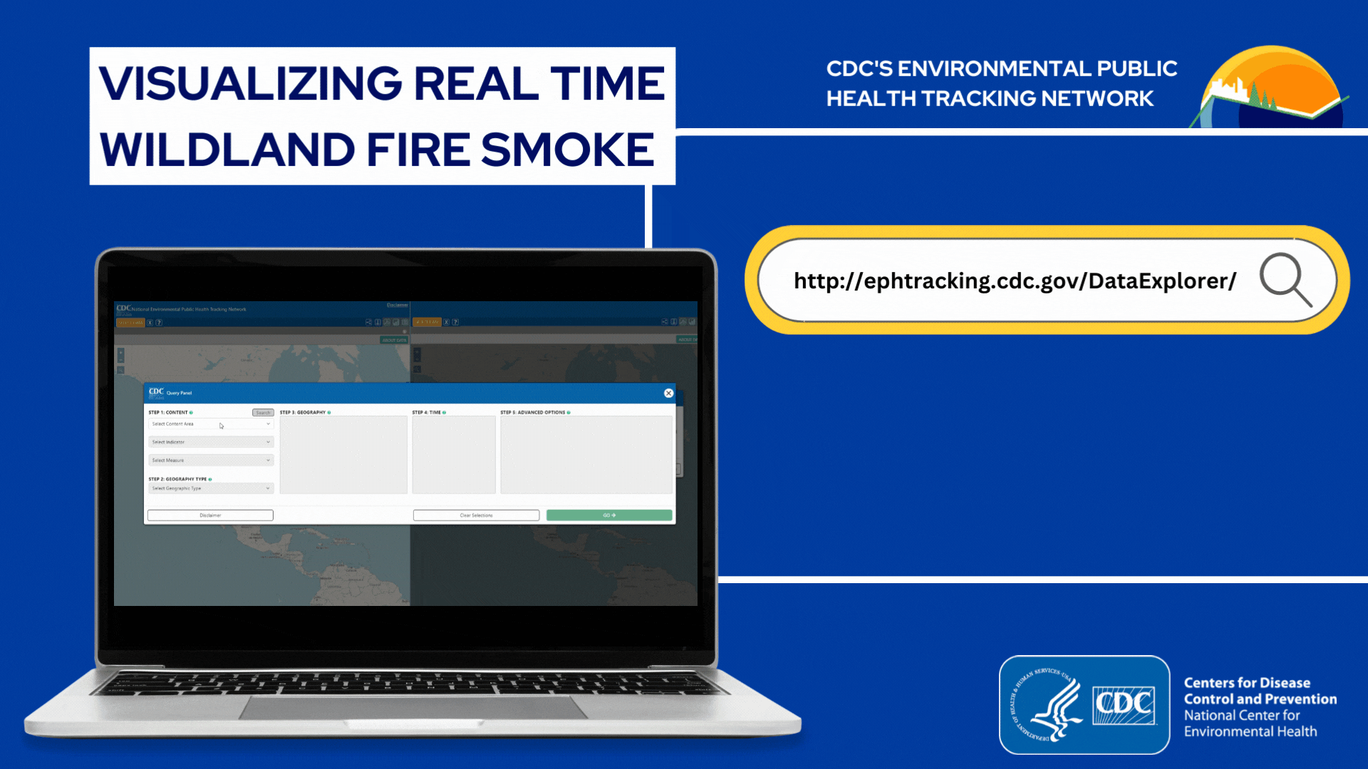 Visualizing Real Time Wildland Fire Smoke using CDC's Tracking Network Data Explorer tool - animated graphic showing website on laptop.