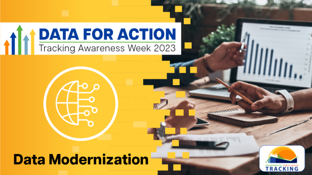 Tracking Awareness Week: Data Modernization (Yellow with globe circuitry icon and photo of computer with chart)