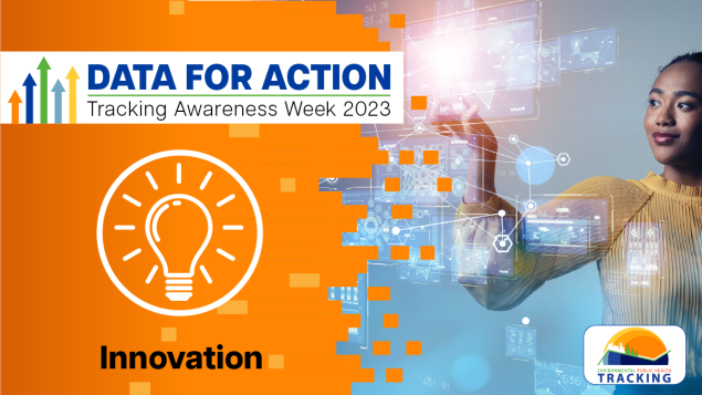 Tracking Awareness Week: Innovation (Orange with lightbulb icon and photo of woman using futuristic, lighted touchscreen)