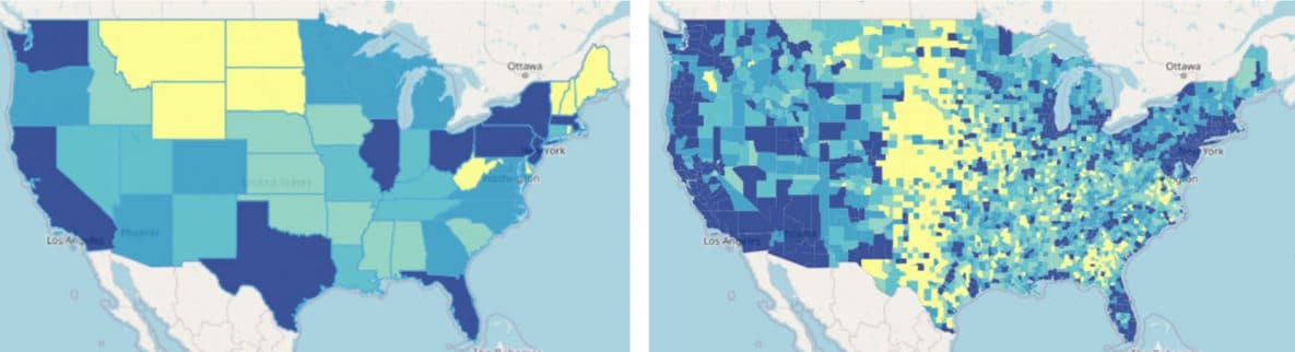 Two side-by-side maps of the U.S. showing state boundaries and state-by-county boundaries