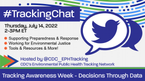 Abstract graphic with Twitter icon in conversation bubble and text: #TrackingChat 2-3PM ET Thursday July 14