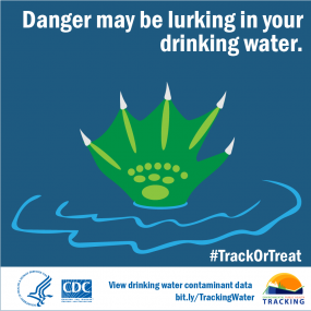 Creature hand emerging from water with text above: "Danger may be lurking in your drinking water."