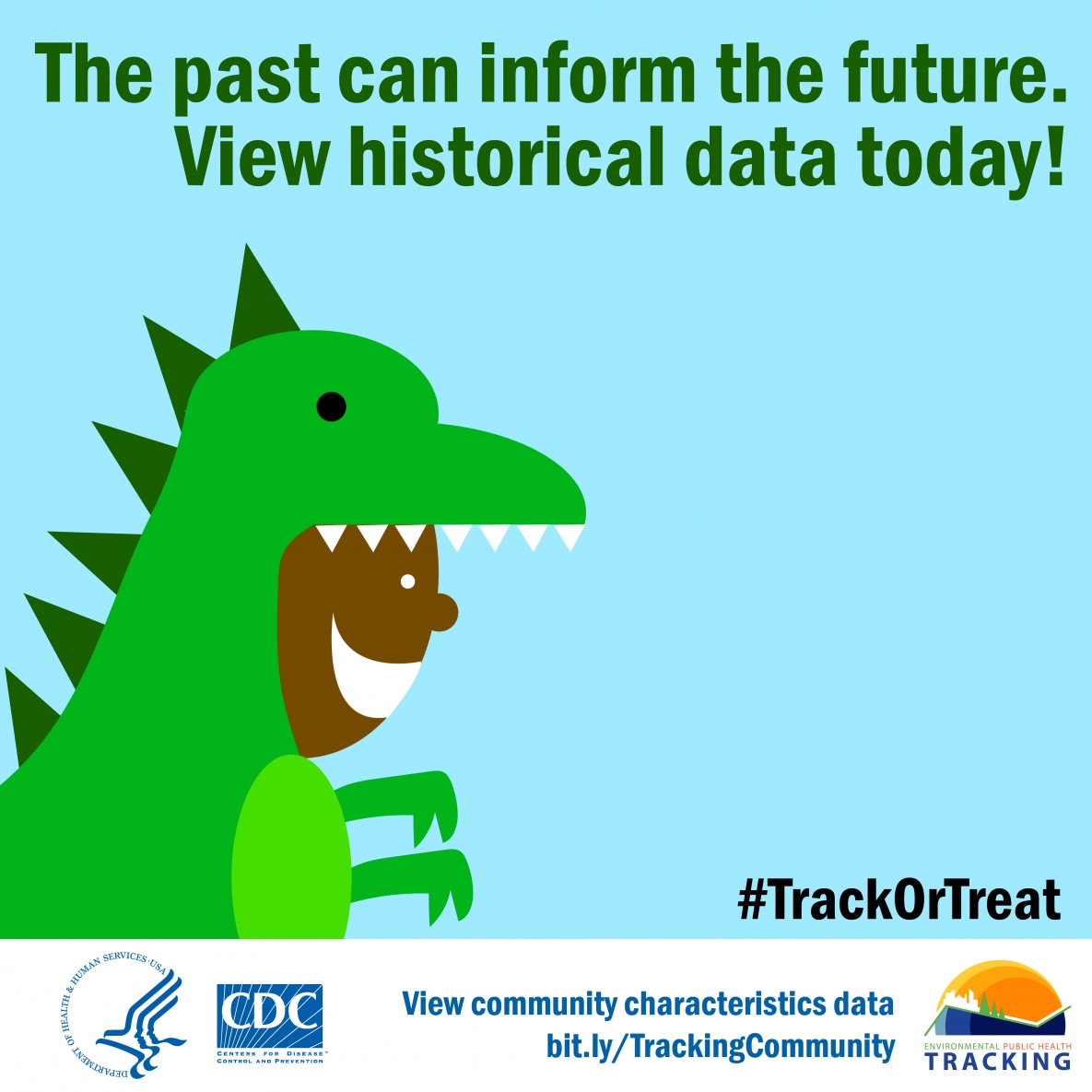 Person wearing dinosaur costume with text overlay: The past can inform the future. View historical data today!