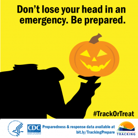 Headless horseman holding jack-o-lantern with text above: "Don't lose your head in an emergency. Be prepared."