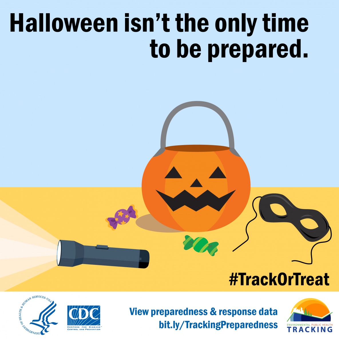 Jack-o-lantern bucket, flashlight, mask, and candy graphics with text: "Halloween isn’t the only time to be prepared."
