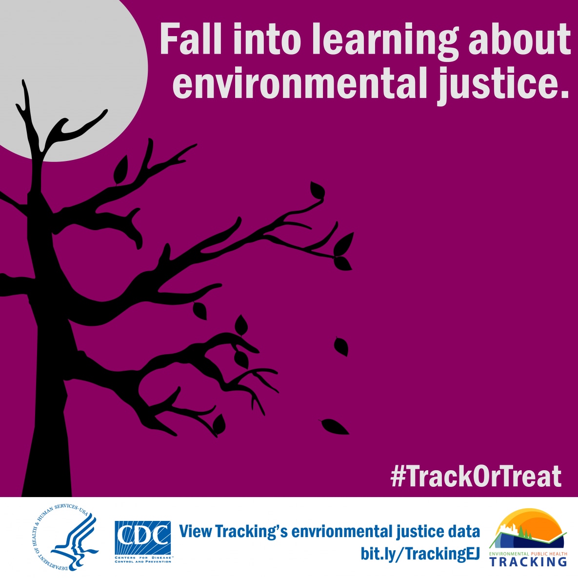 Barren tree graphic with leaves falling and text: "Fall into learning about environmental justice."