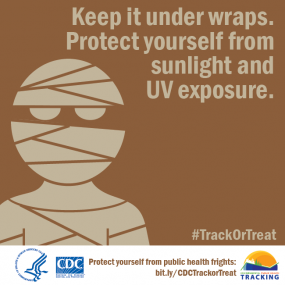 Cartoon mummy with text: "Keep it under wraps. Protect yourself from sunlight and UV exposure."