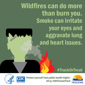 Cartoon Frankenstein monster and flames with text: "Wildfires can do more than burn you. Smoke can irritate your eyes and aggravate lung and heart issues."