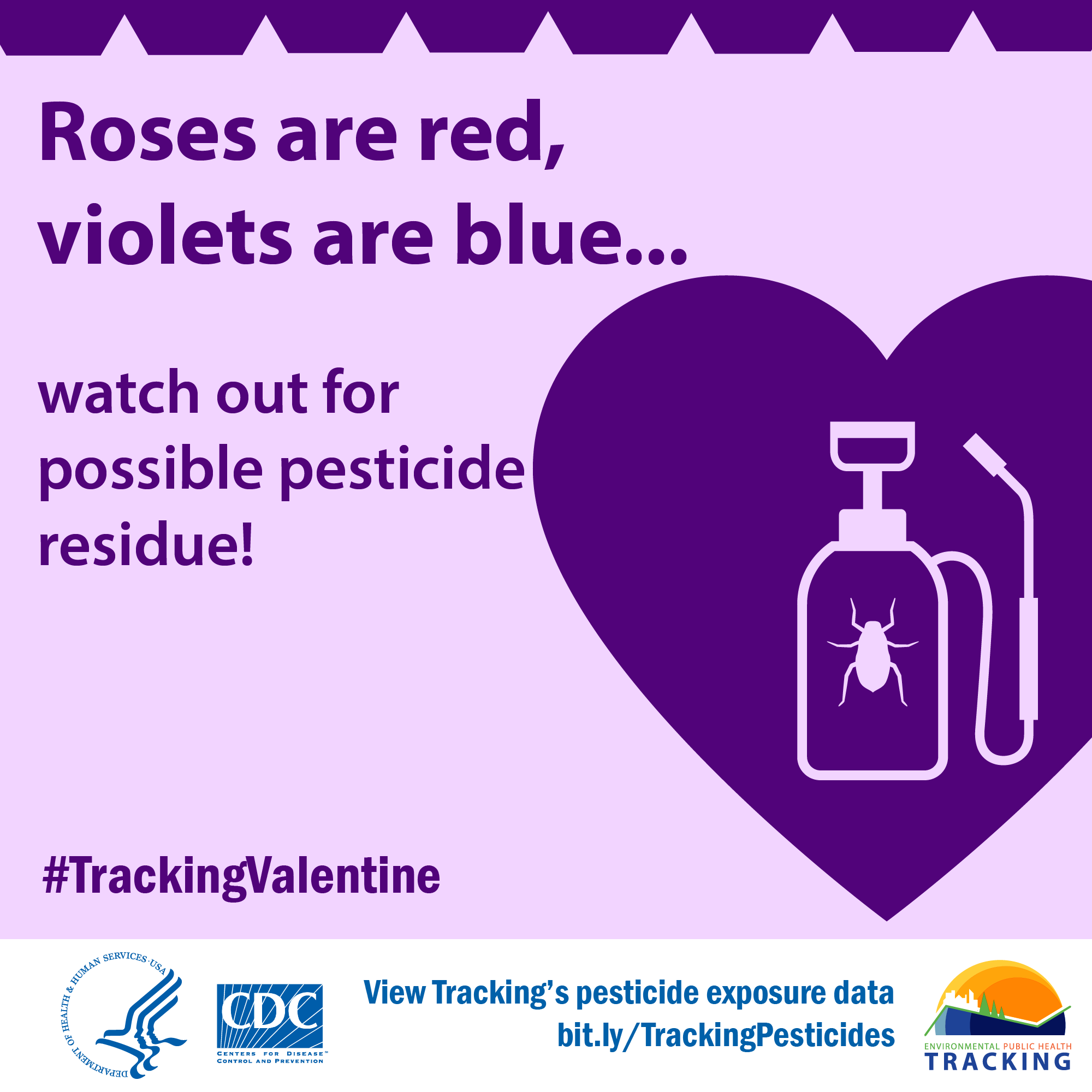 pesticide sprayer icon inside decorative violet heart with text: "Roses are red, violets are blue...watch out for possible pesticide residue!"