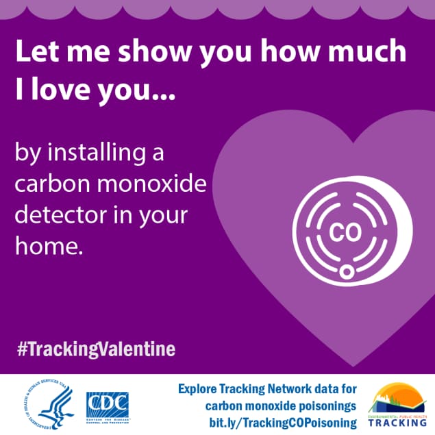 Purple heart with carbon monoxide detector icon and text: Let me show you how much I love you…by installing a carbon monoxide detector in your home.