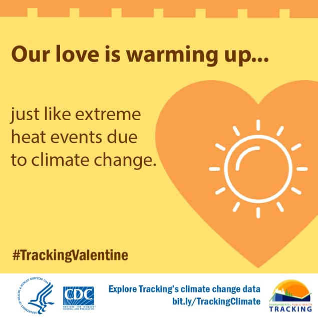 Yellow heart with sun icon and text: Our love is warming up…just like extreme heat events due to climate change.
