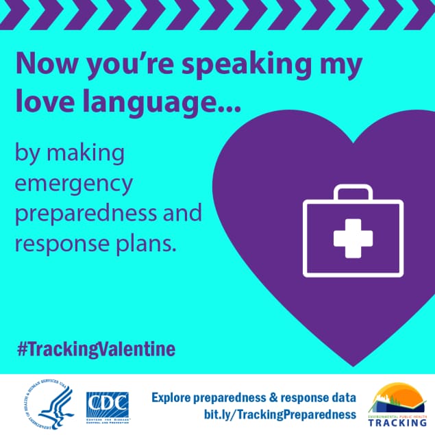 Purple heart with first aid icon and text: Now you’re speaking my love language…by making emergency preparedness and response plans.
