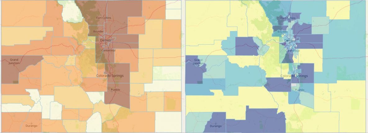 Side-by-side map views of Colorado showing population boundaries of county-based and state-by-20,000