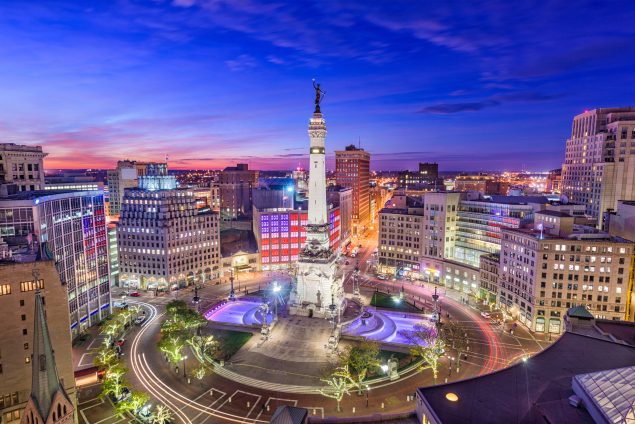 Indianapolis, Indiana skyline over Monument Circle at night..