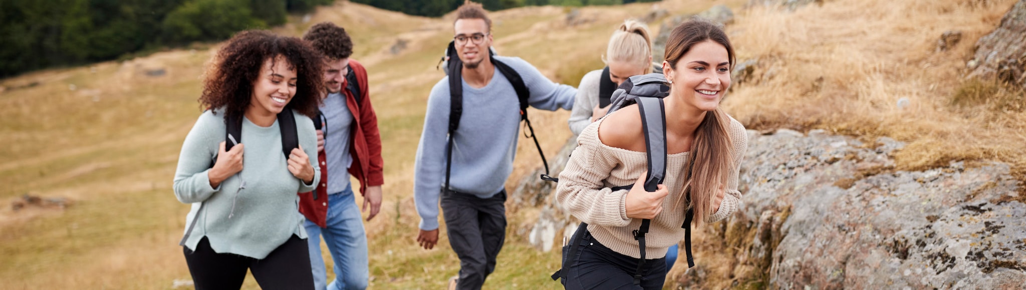 Diverse group of young adults hiking