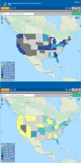 U.S. Map comparing non-Hispanic Black childhood asthma rates with a different map showing non-hispanic white rates