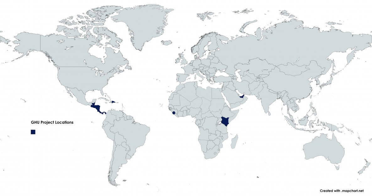World map: El Salvador, Sierra Leone, Dubai, Nicaragua Dominican Republic Belize Costa Rica Guatemala Honduras Panama Kenya.