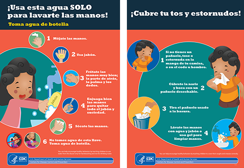 Spanish poster to help children follow health practices (handwashing and sneezing)