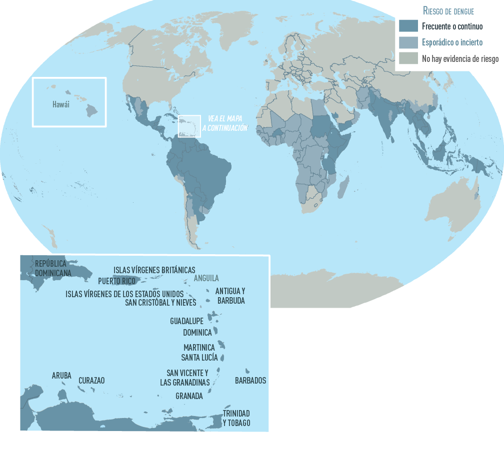 Mapa de países donde se ha informado dengue.