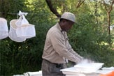 A man using dry ice to make a chill table to sort mosquitoes