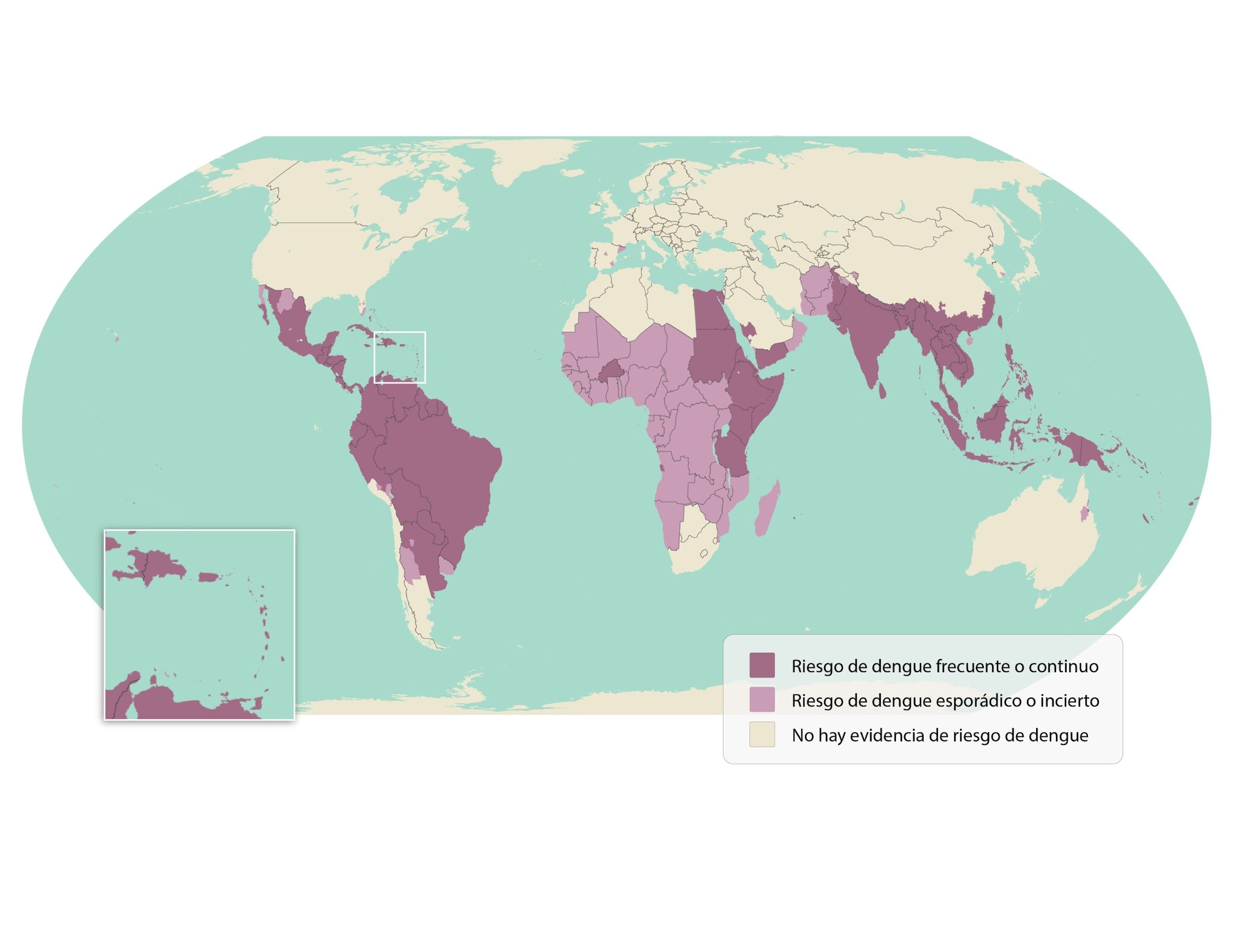 Mapa de países donde se ha informado dengue.