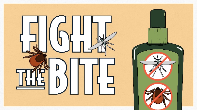 Fight the Bite graphic image with a bottle of insect repellent and a mosquito and and tick