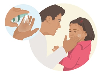 Illustration of father applying insect repellant to daughter's face