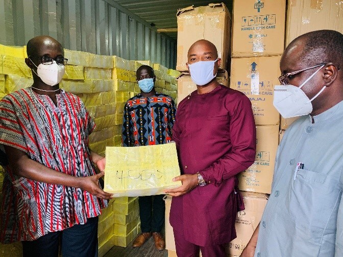 Partners at CDC Ghana receiving needed supplies for the yellow fever vaccination campaign.From left to right: Dr. Kwame Amponsah-Achiano (Ghana Health Service), Fred Osei-Sarpong (WHO Ghana Country Office), Joseph Asamoah Frimpong (CDC Ghana), Dr. Fadinding Manneh (WHO Ghana Country Office