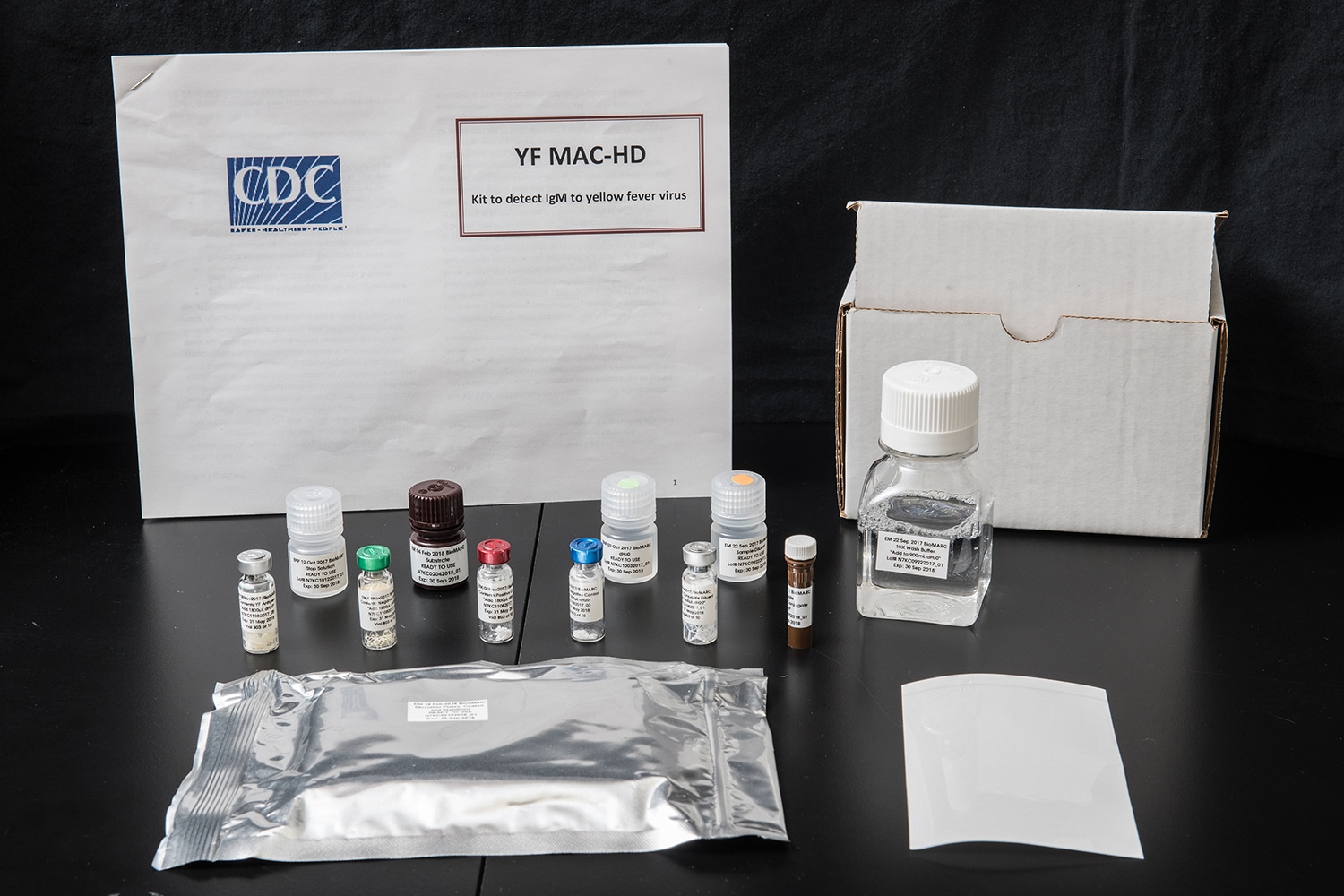 Pre-measured components of the CDC Yellow Fever M-antibody Capture-half Day (YF MAC-HD) diagnostic test kit
