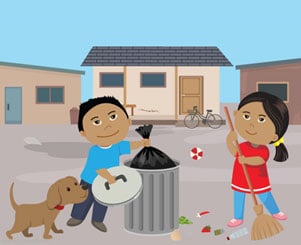 Illustration of 2 kids cleaning up and putting trash into a trash can