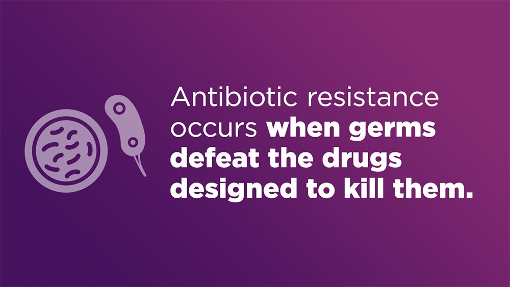 Illustration with the words antibiotic resistance occurs when germs defeat the drugs designed to kill them.