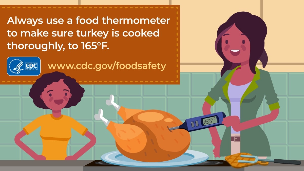 Always use a thermometer to make sure turkey is cooked thoroughly to 165 degrees illustration