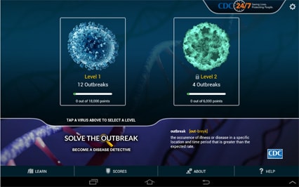 Thumbnail image of a screenshot from the Solve the Outbreak mobile app