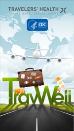  Screenshot of TravWell mobile app home screen featuring a suitcase covered in labels, a road going into the distance, and a plane flying overhead. A light colored global map is in the background.